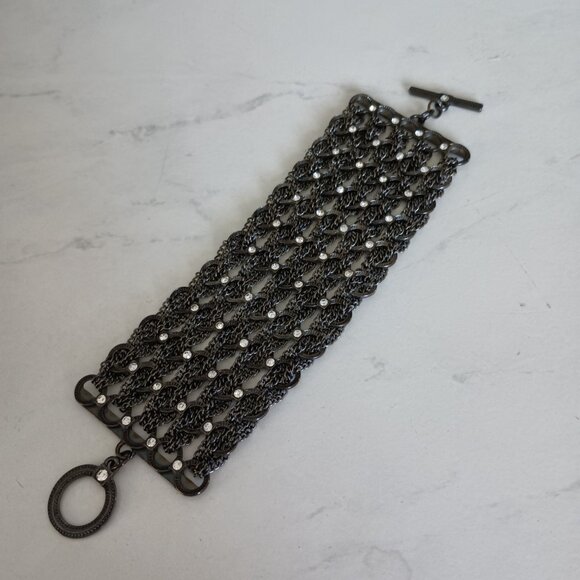 Crocheted Chain Bracelet Gunmetal Finish and Rhinestones with Toggle Clasp - Picture 4 of 4